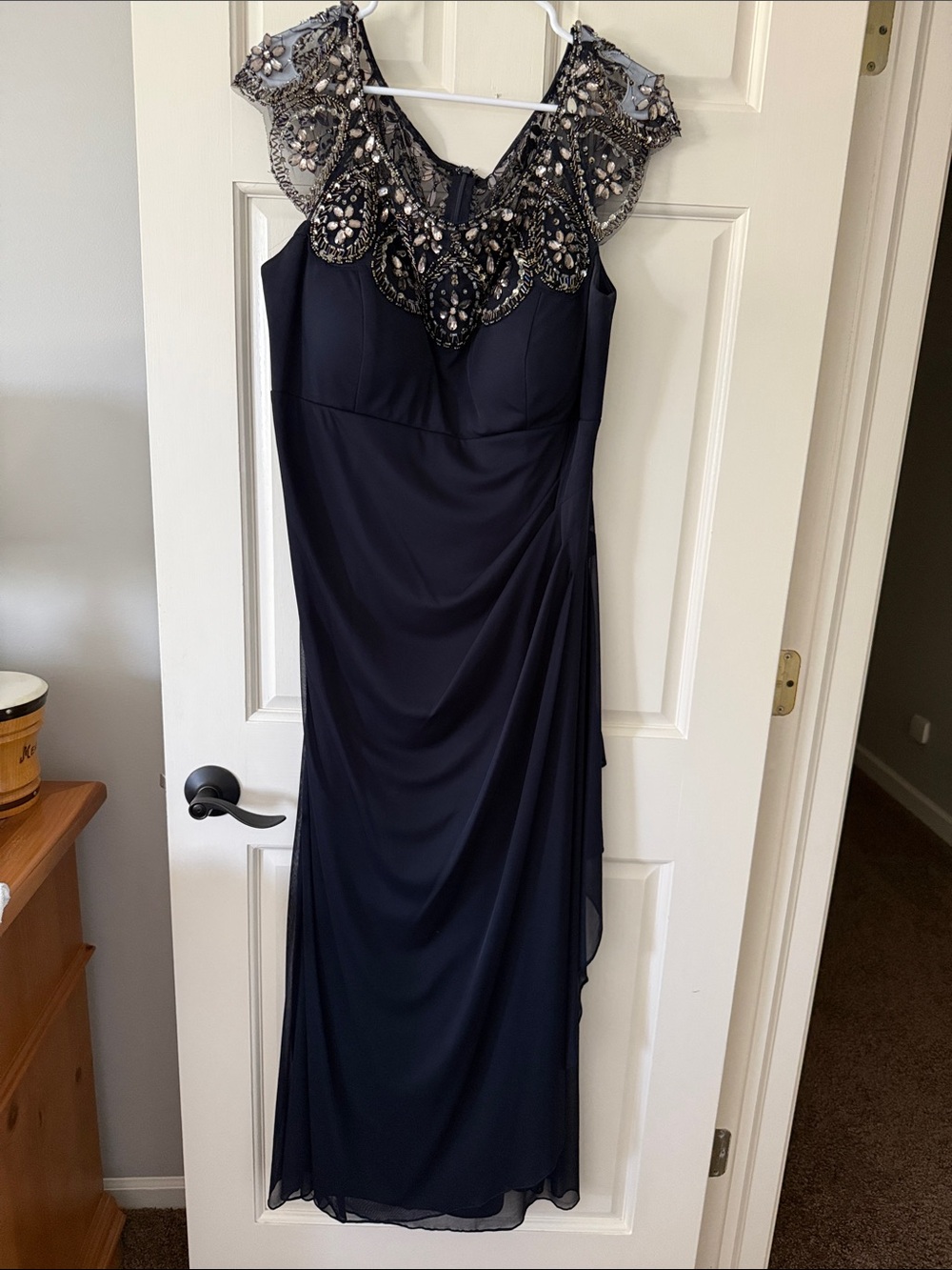 Xscape Navy Maxi Dress with Beaded Illusion Yoke